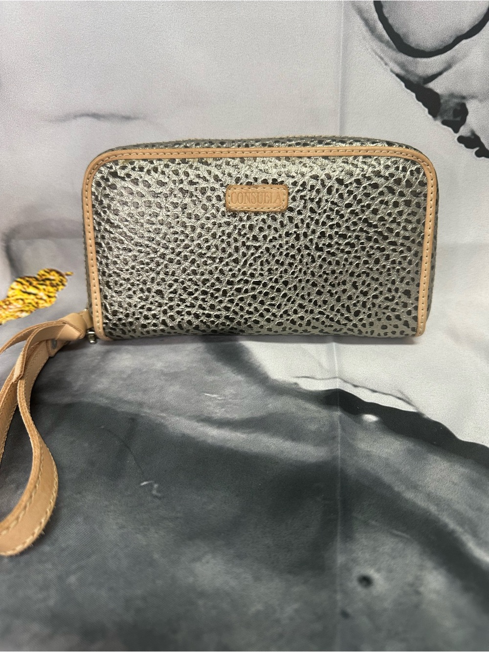 Consuela Silver Textured Wallet with Tan Trim and Wristlet